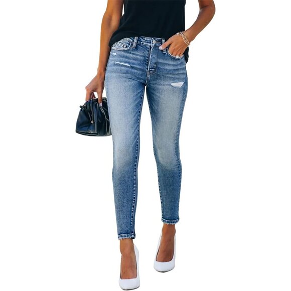 Women's Ripped Skinny Jeans Stretch Denim Pants Light Distressed Medium Wash - Picture 1 of 5